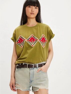 FOUND x Free People Olive Green Embroidered Boxy Tee MSRP$88